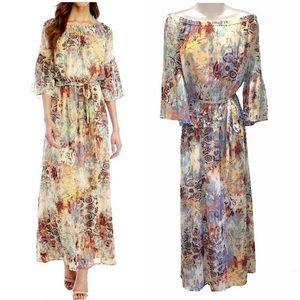 Nine West Sand Dune Off the Shoulder Tie Waist Boho Abstract Maxi Dress 6 Cream